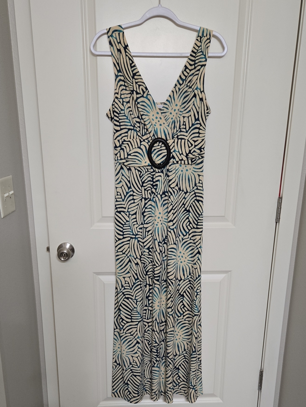 Jaclyn Smith Cream Maxi Dress with Teal and Black Floral Print